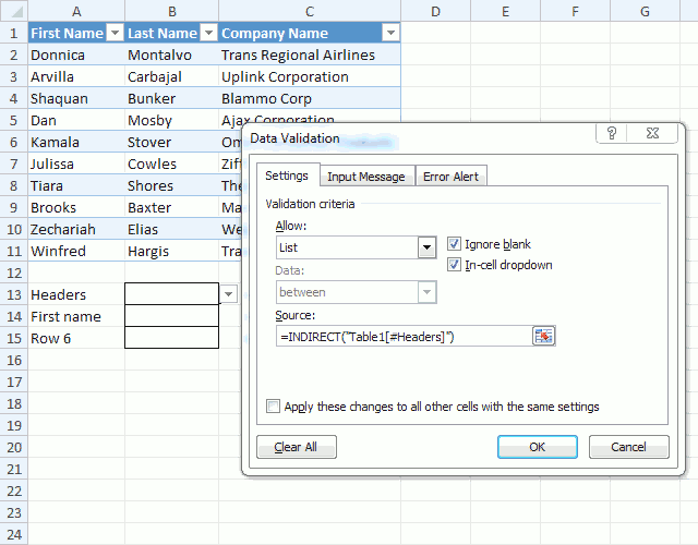 How to use an Excel Table name in Data Validation Lists and Conditional
