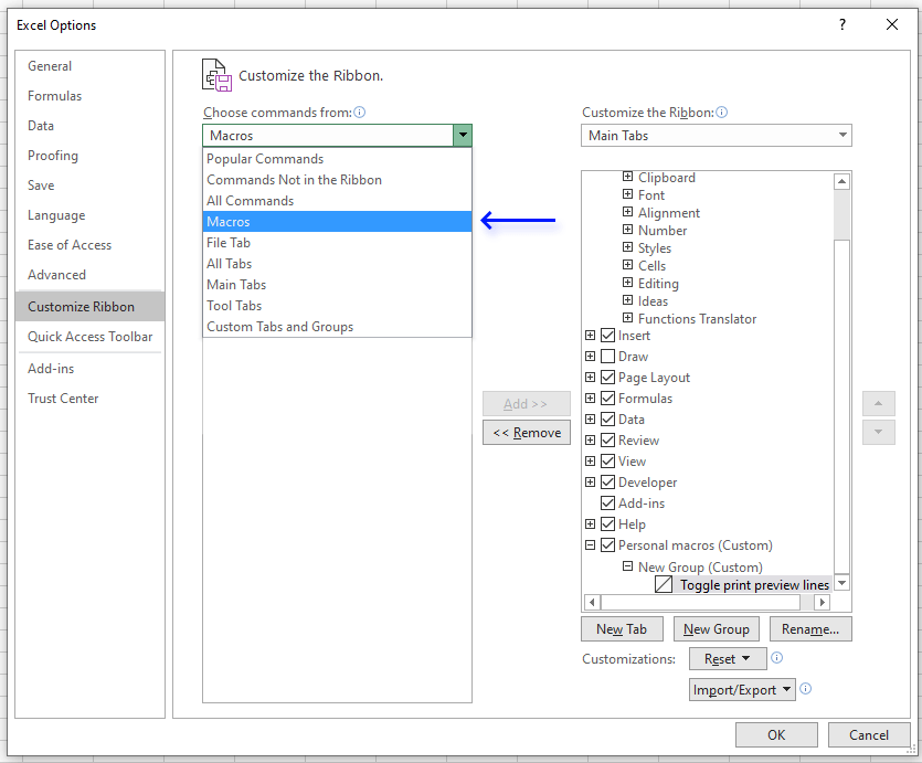 Customize the ribbon and how to add your macros
