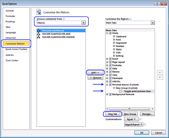 Add your personal Excel Macros to the ribbon