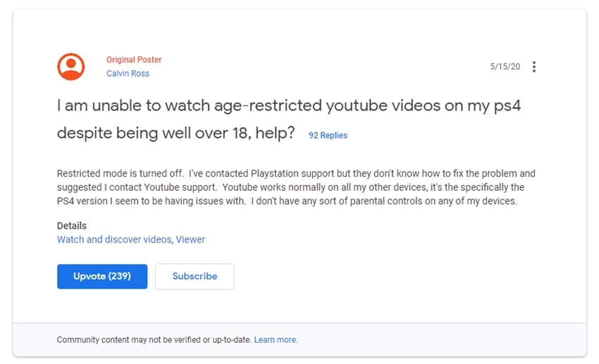 YouTube Bug on PS4 Prevents Users From Watching AgeRestricted Videos