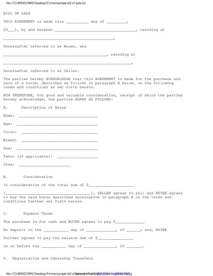 Equine Bill of Sale download Bill Of Sale Form for free PDF or Word
