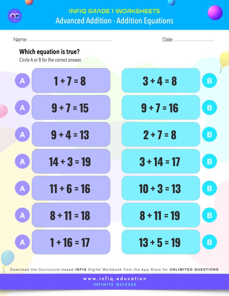 INFIQ GRADE 1 Math Worksheets Advanced Addition Addition Equations