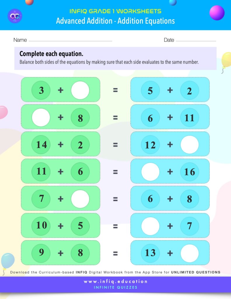INFIQ GRADE 1 Math Worksheets Advanced Addition Addition Equations