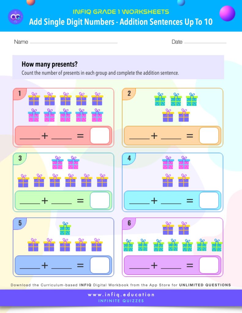 INFIQ | GRADE 1 Math Worksheets- Add Single Digit Numbers - Addition