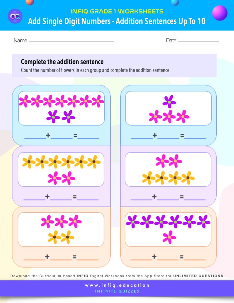INFIQ | GRADE 1 Math Worksheets- Add Single Digit Numbers - Addition