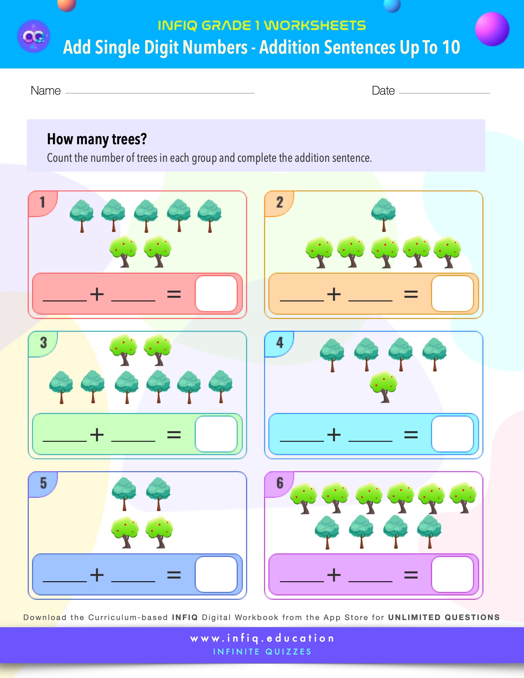 INFIQ GRADE 1 Math Worksheets Add Single Digit Numbers Addition