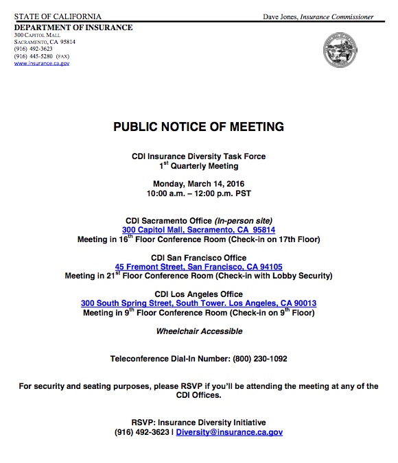 CDI Insurance Diversity Task Force 1st Quarterly 2016 Meeting on March