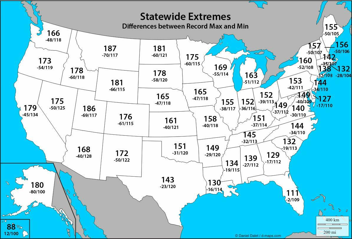 UNITED STATES EXTREME RECORD TEMPERATURES & RANGES