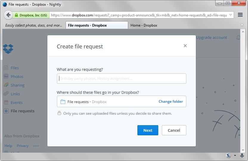 How to request files on Dropbox gHacks Tech News