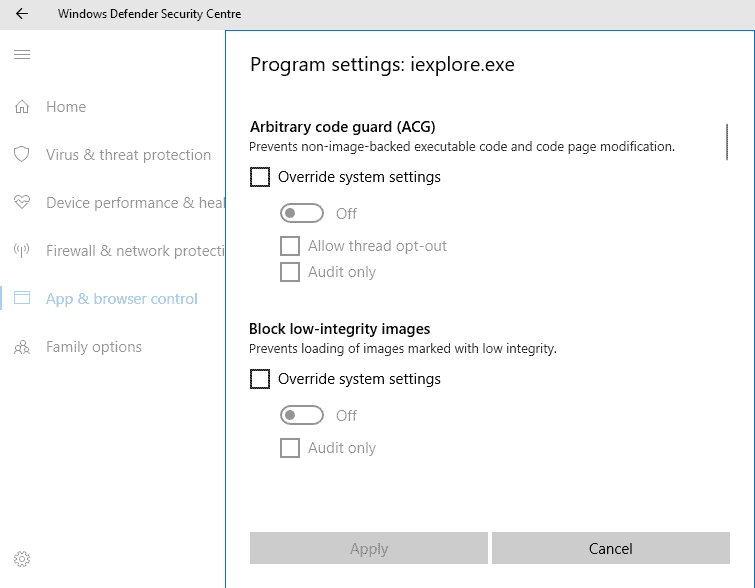 Configure Windows Defender Exploit protection in Windows 10 gHacks