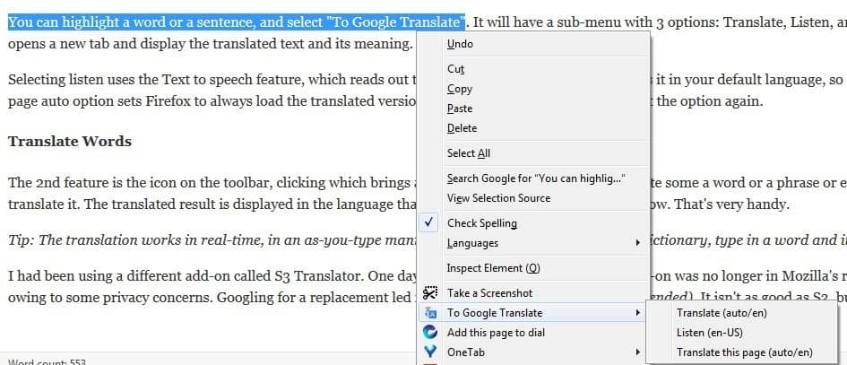 To Google Translate is a useful translator addon for