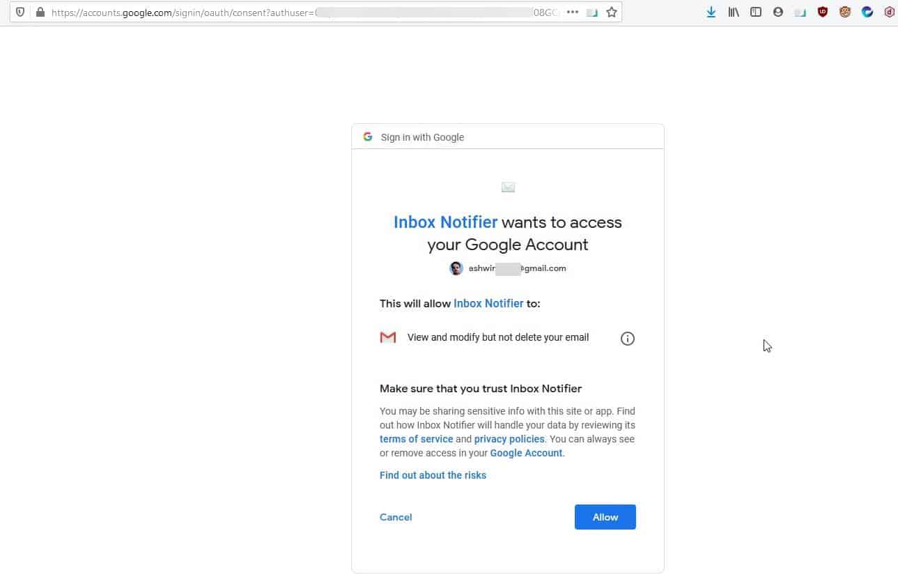 Inbox Notifier displays a notification on your desktop