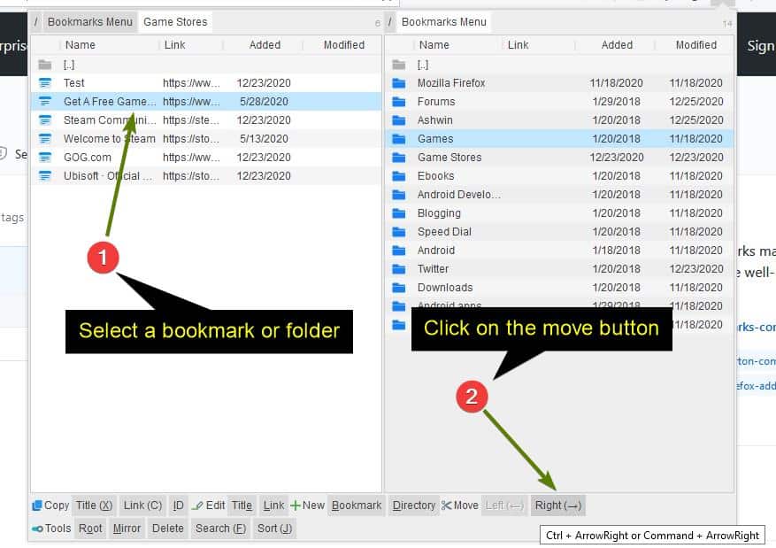 Manage your web shortcuts from a dualpane interface with the Bookmarks