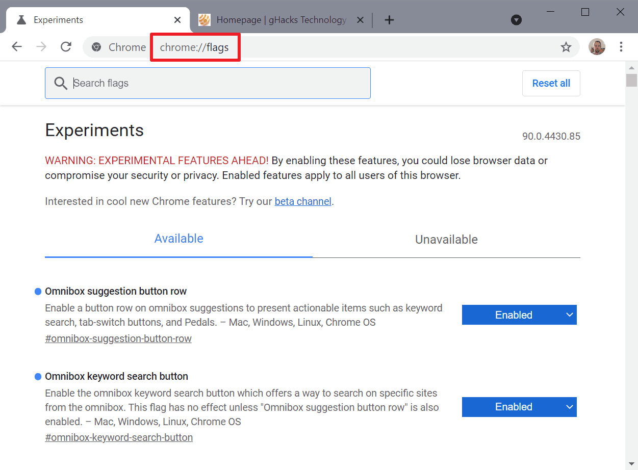How to use Google Chrome Flags to enable experimental features gHacks
