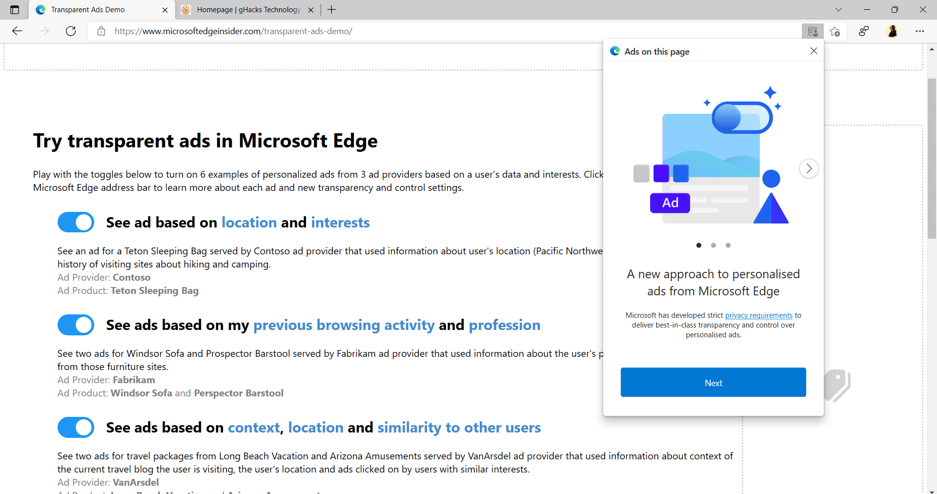 Transparent Ads in Microsoft Edge, and how to disable them gHacks