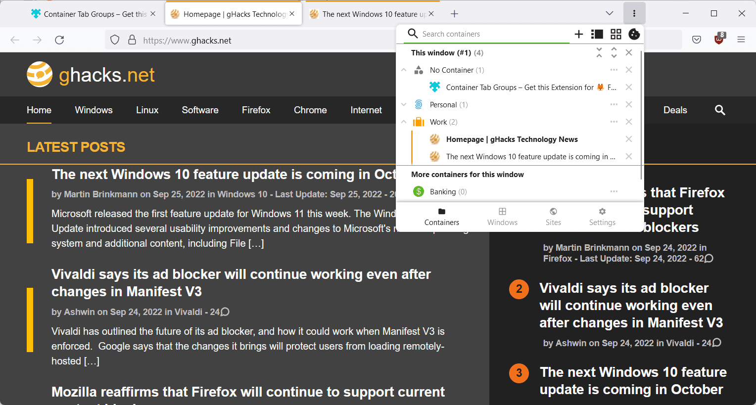 Container Tab Groups group sites securely in Firefox Software News
