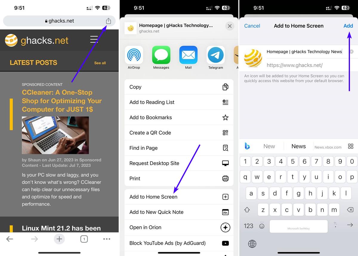 How to add a web app shortcut using Google Chrome for iOS gHacks Tech