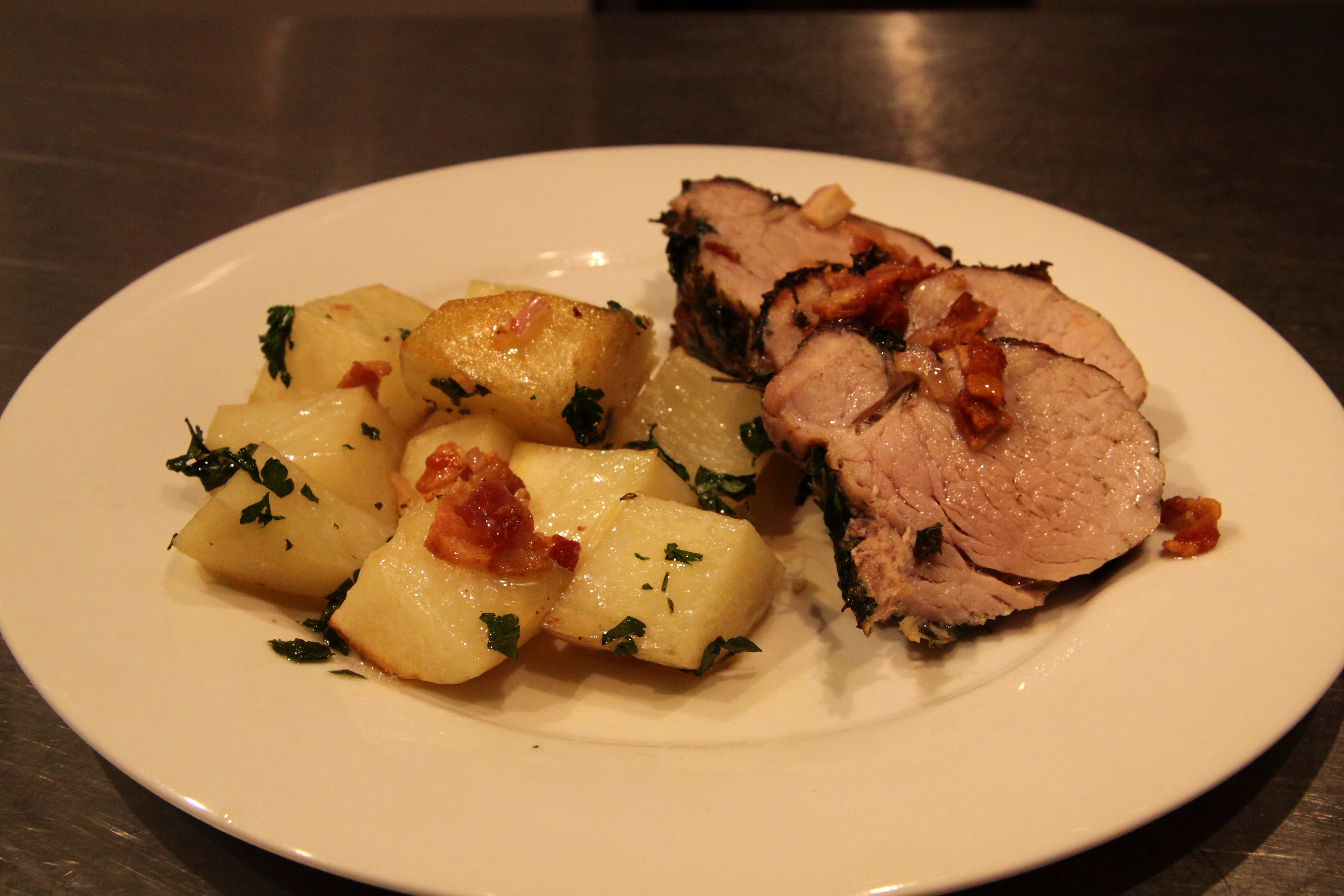 Preheat the oven to 450 degrees f (230 degrees c). Herbs Crusted Pork Tenderloin - Roasted Potatoes and Bacon ...