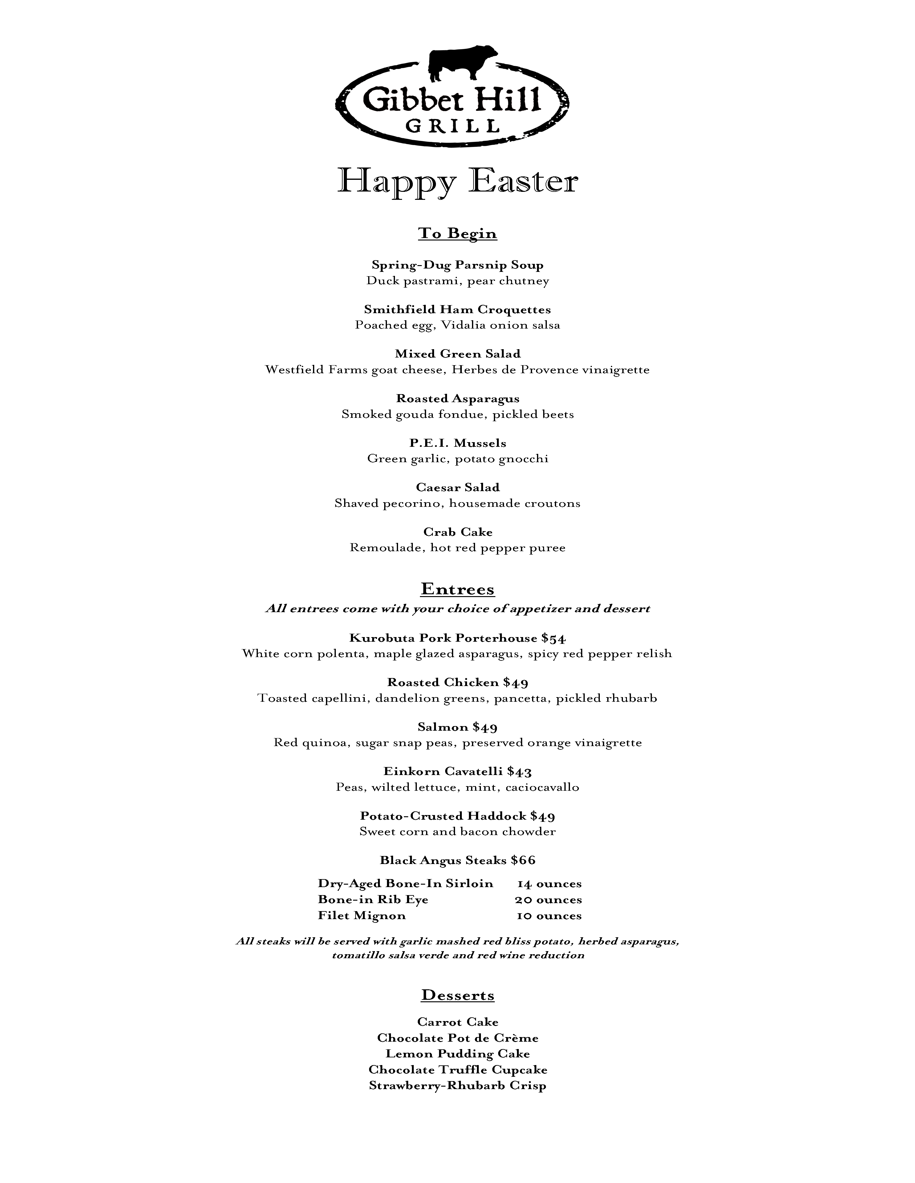 2017 Easter GRILL Main Menu Gibbet Hill Grill