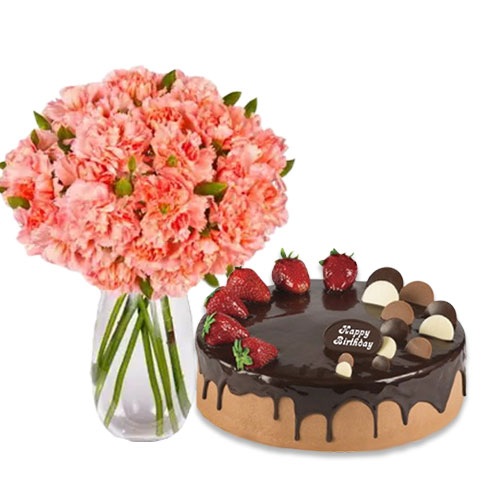 Pink Carnations with Choco Strawberry Cake Gift Delivery Melbourne