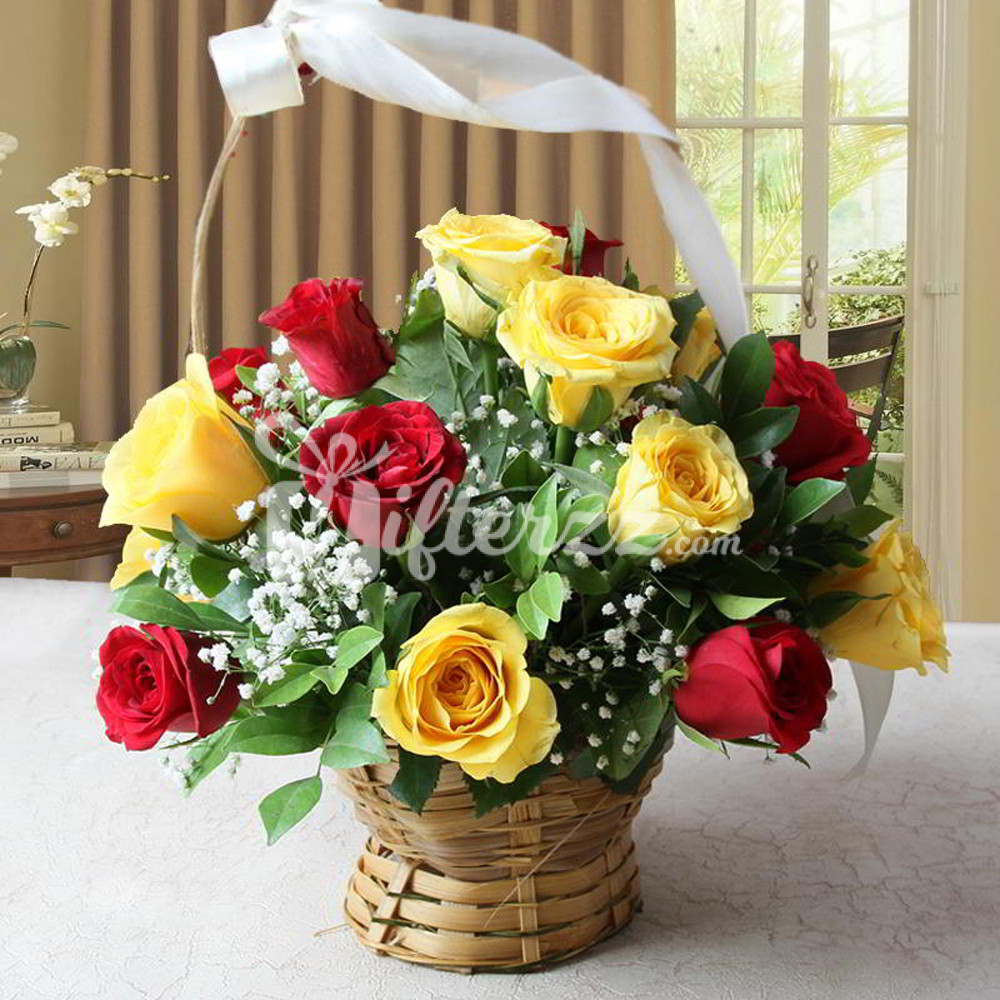 Red And Yellow Roses In A Basket Gifterzz