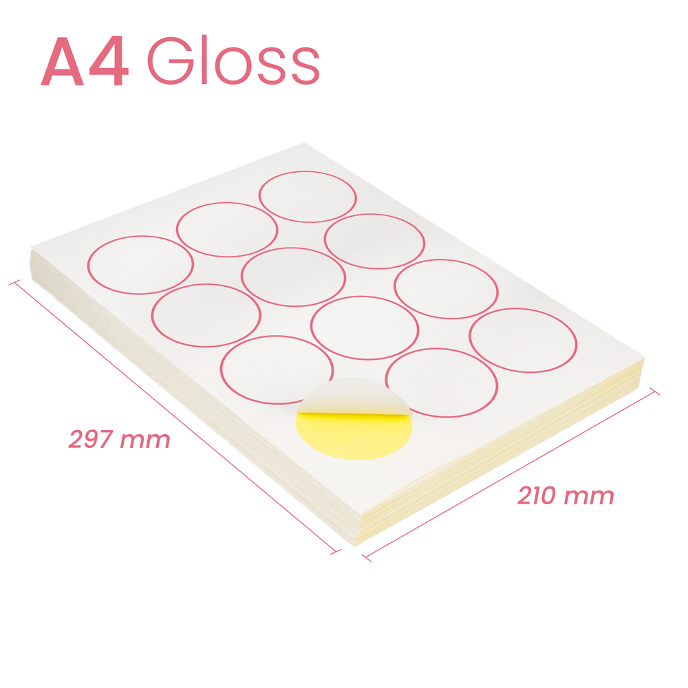 100 x 12 Round 60mm Circle Labels A4 White Gloss SelfAdhesive