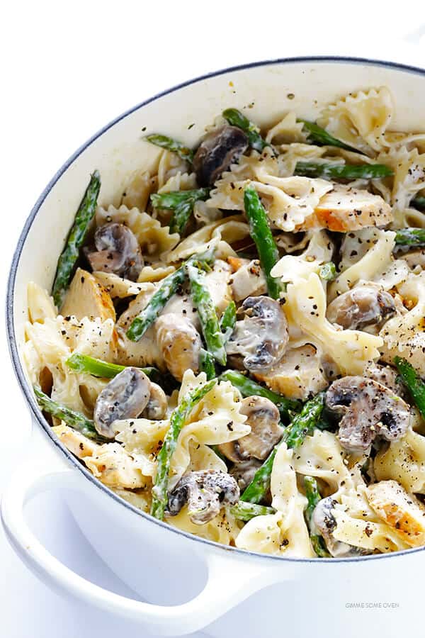Pasta With Goat Cheese, Chicken, Asparagus & Mushrooms Gimme Some Oven