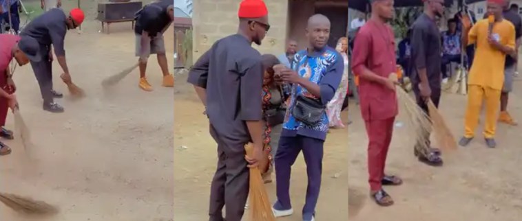 Viral Video Shows Groom and Friends Sweeping In-Laws’ Compound at Traditional Wedding Viral Video Shows Groom and Friends Sweeping In-Laws’ Compound at Traditional Wedding