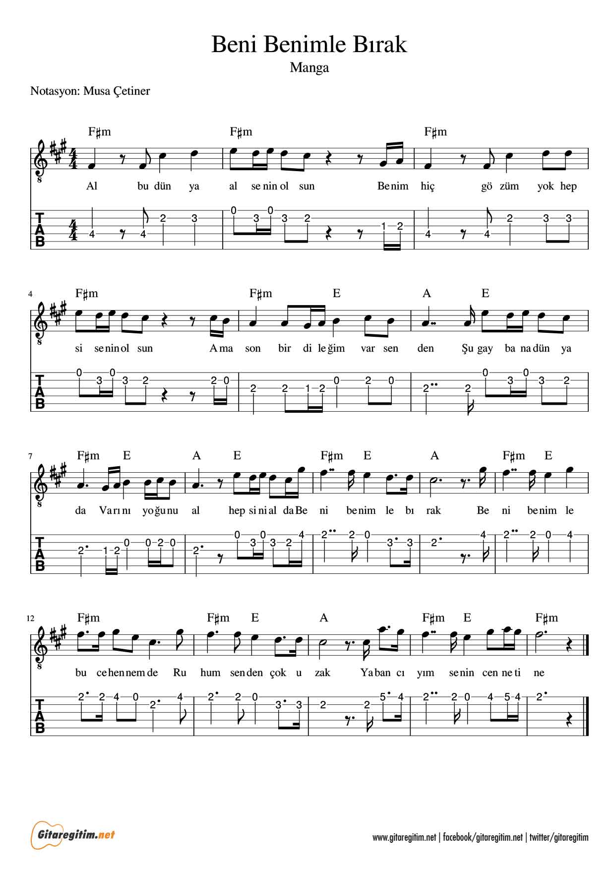 Beni Benimle Bırak Gitar Nota Tab »