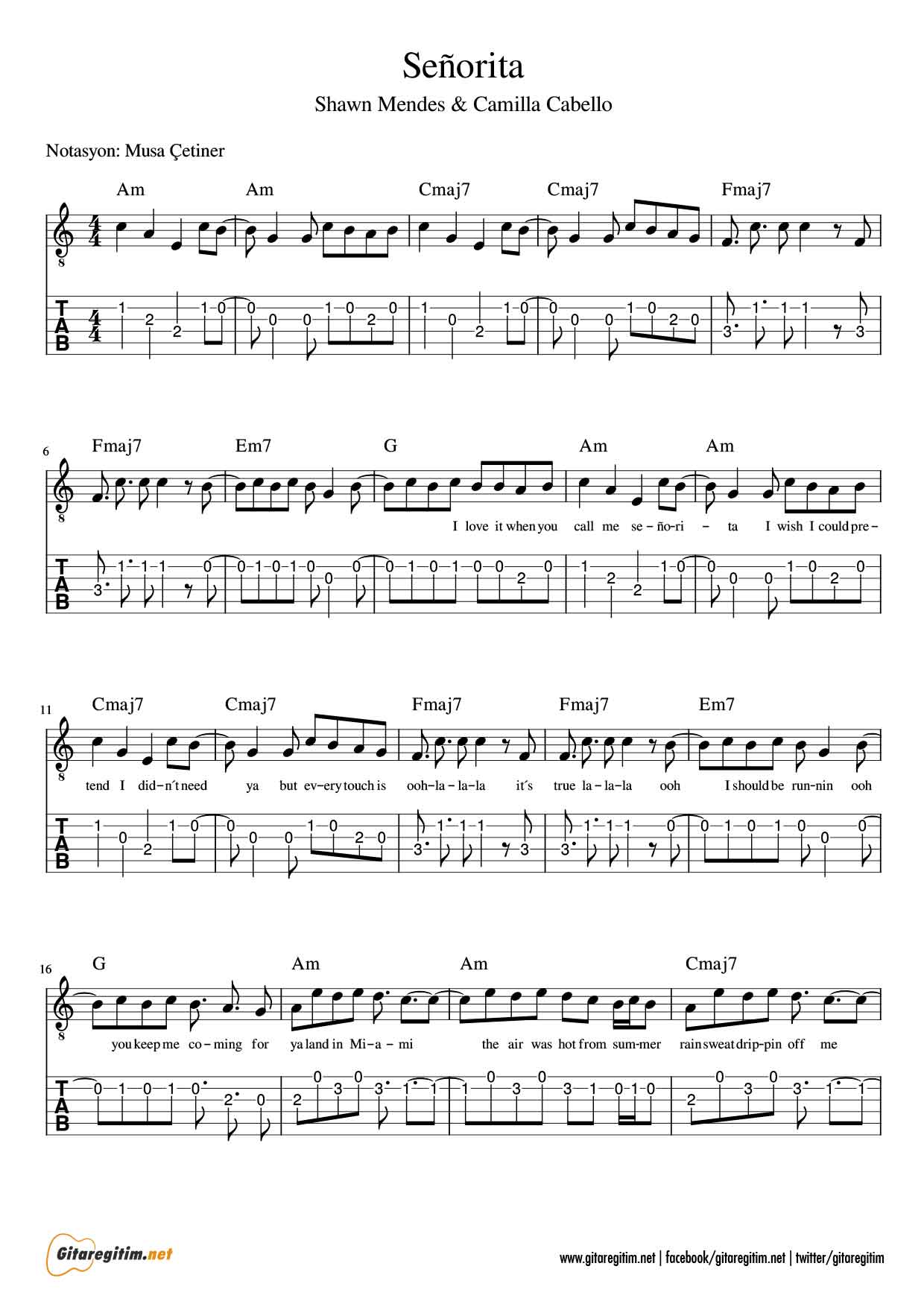 Señorita Gitar Nota Tab