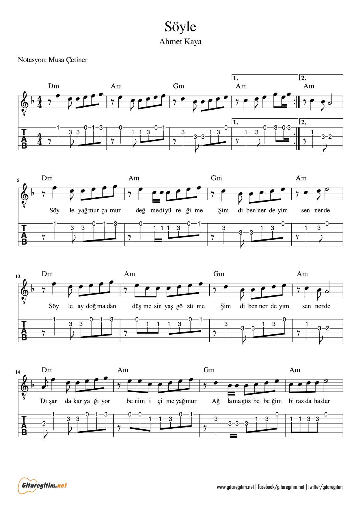 Ahmet Kaya Söyle Gitar Nota Tab