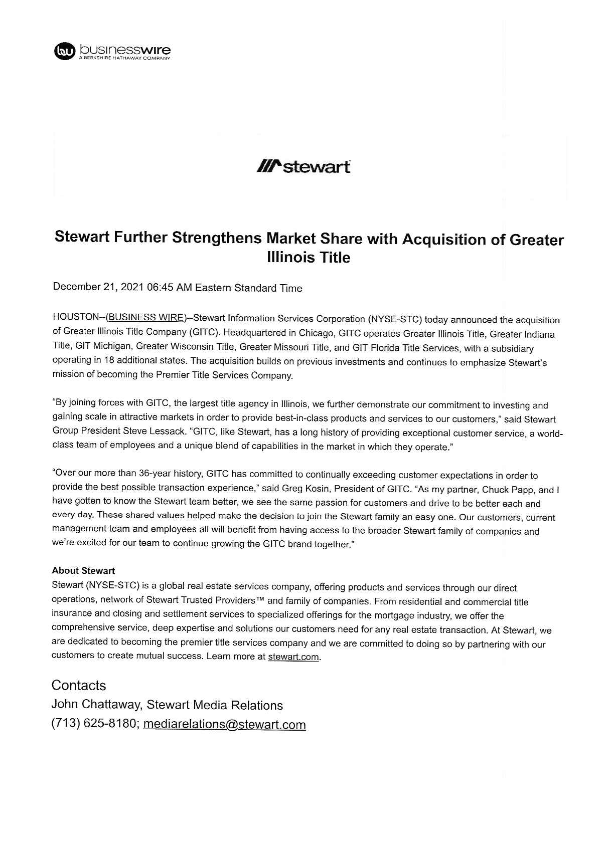 Stewart Title Press Release Greater Illinois Title Company