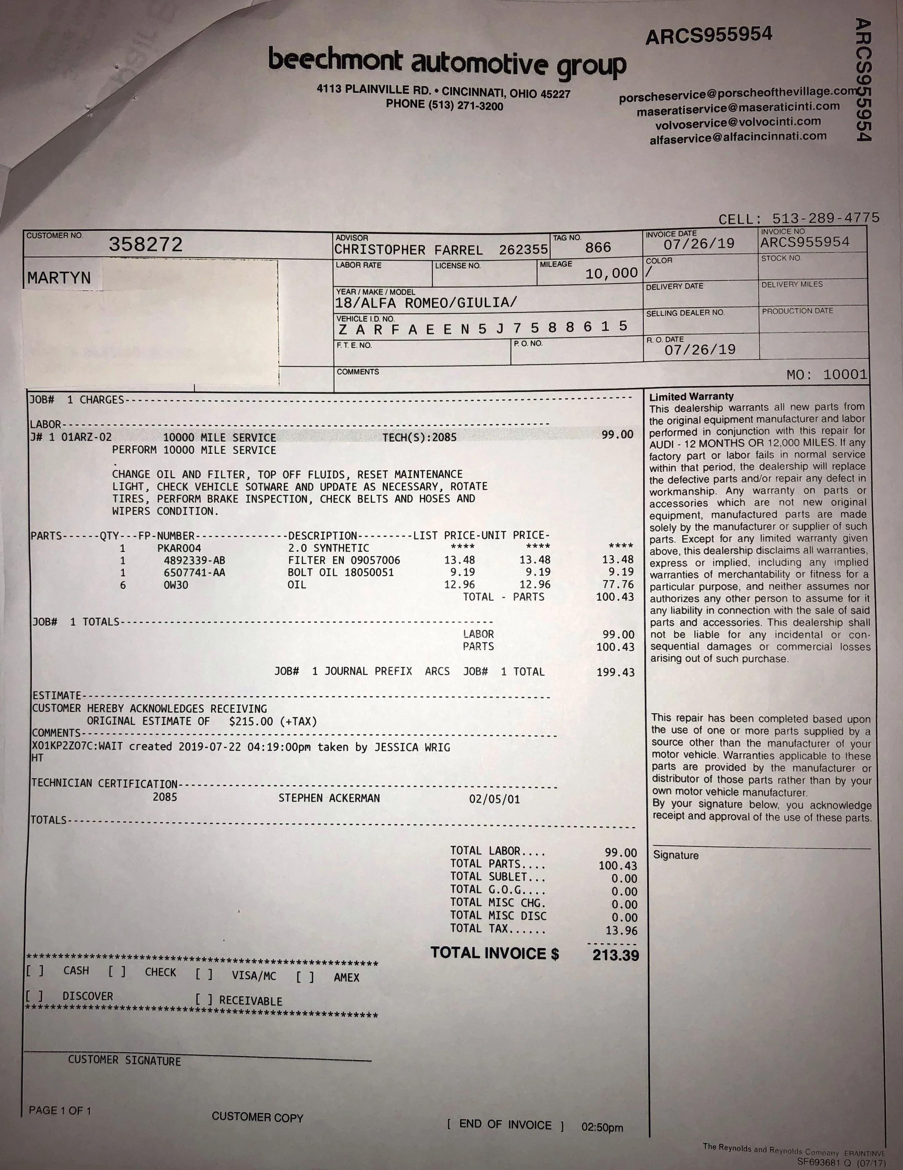 Oil Change Cost | Page 3 | Alfa Romeo Giulia Forum