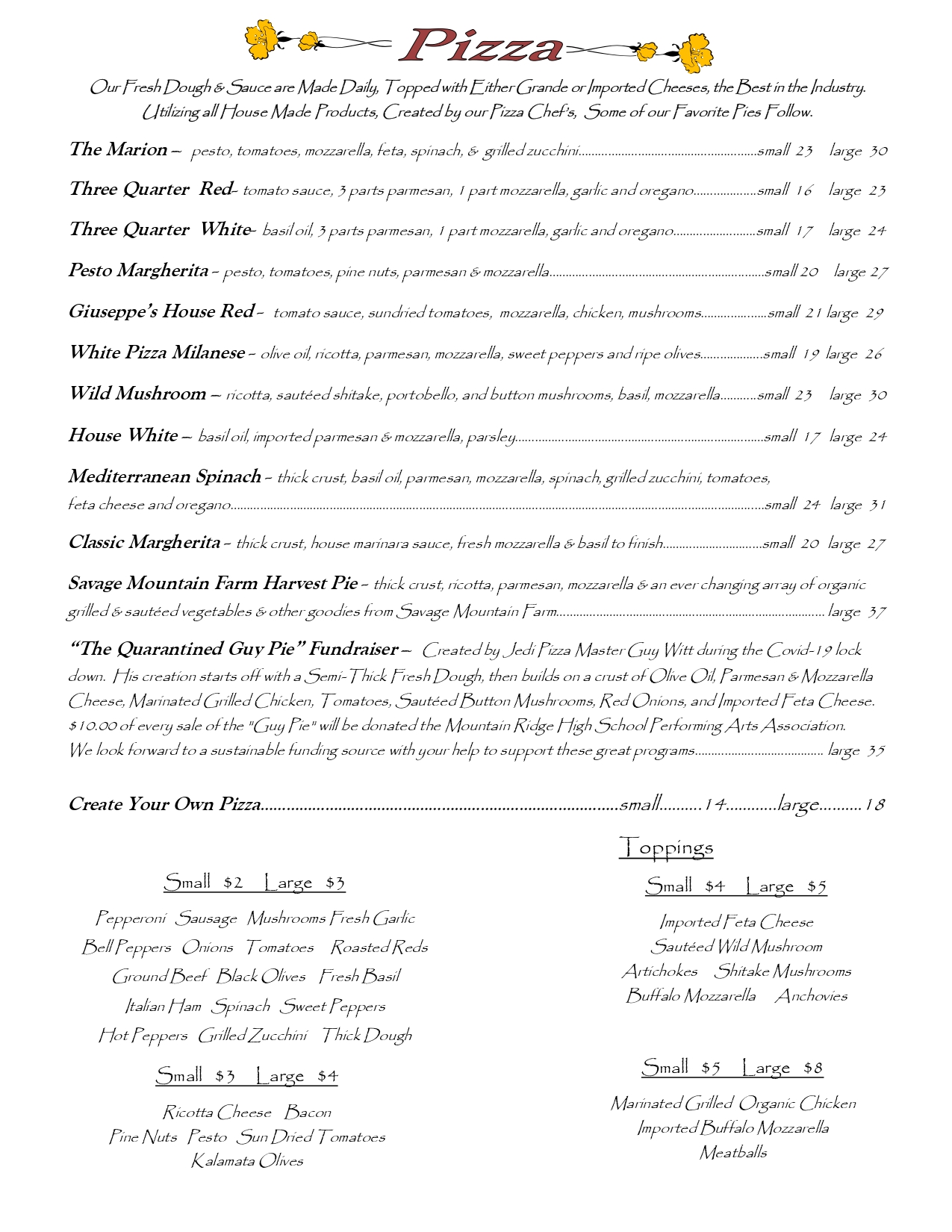 Full Menu Giuseppe's Italian Restaurant