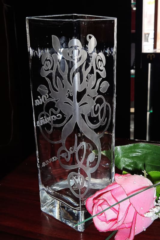 Etched Flower Vase & Champagne Flute Glasses