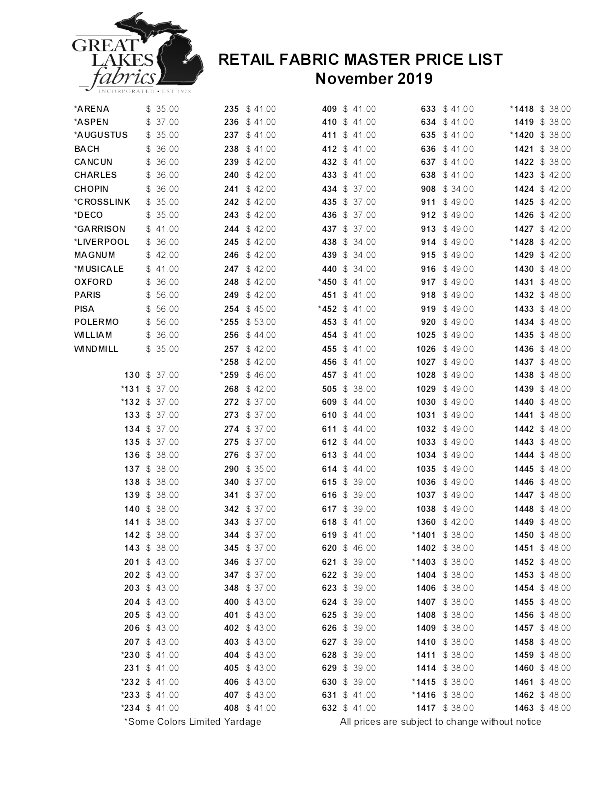 Price Sheets Great Lakes Fabrics