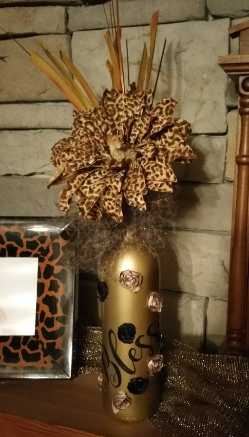 Gold Blessed Wine Bottle with Leopard Print Flower