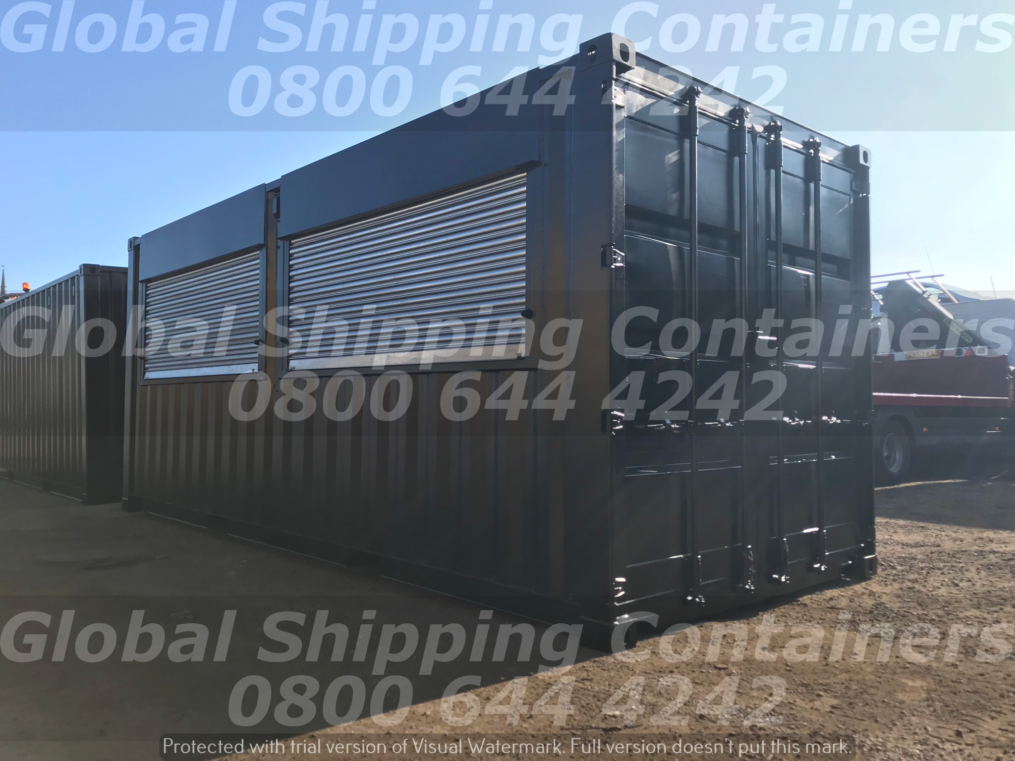 20ft x 8ft Black Roller Shutter Shipping Container Conversion www.globalshippingcontainers.co.uk
