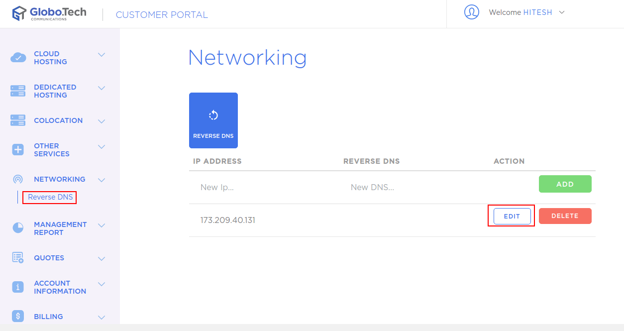 Manage your Reverse DNS on the Customer Portal Globo.Tech