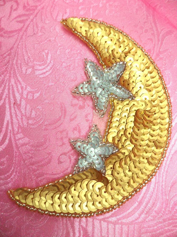 Moon Applique With Stars Sequin Beaded Patch Motif Gold Silver Self
