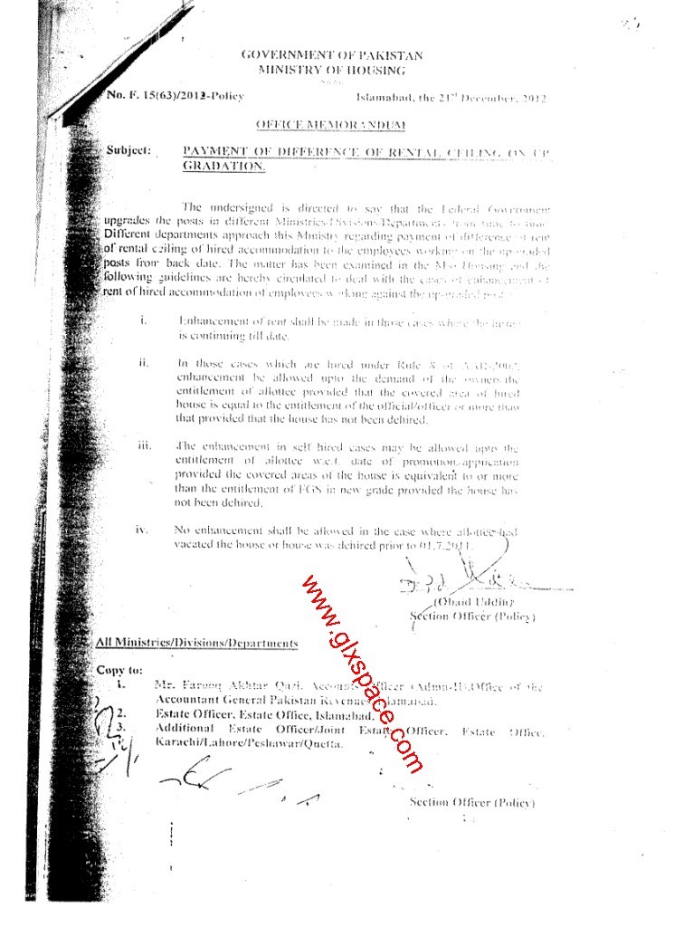 Payment of Difference of Rental Ceiling on Upgradation