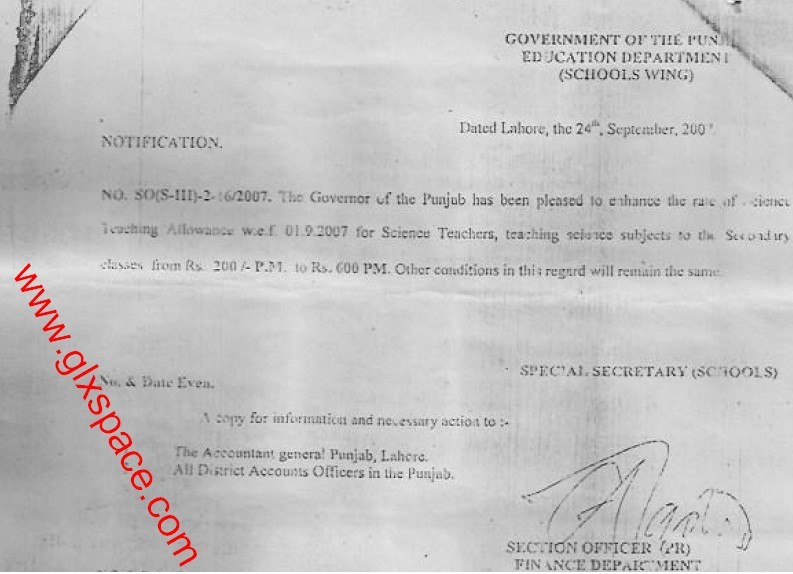 Science Teaching Allowance 600/ PM