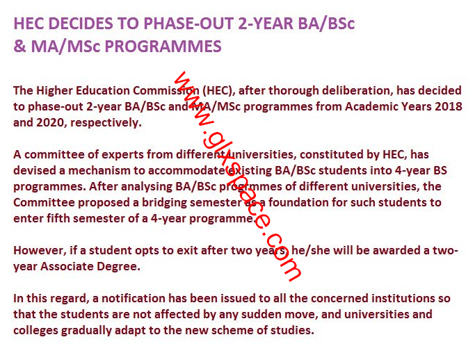 دو سال بی اے / بی ایس سی کی ڈگری کا اختتام Phase out Two years BA/BSc