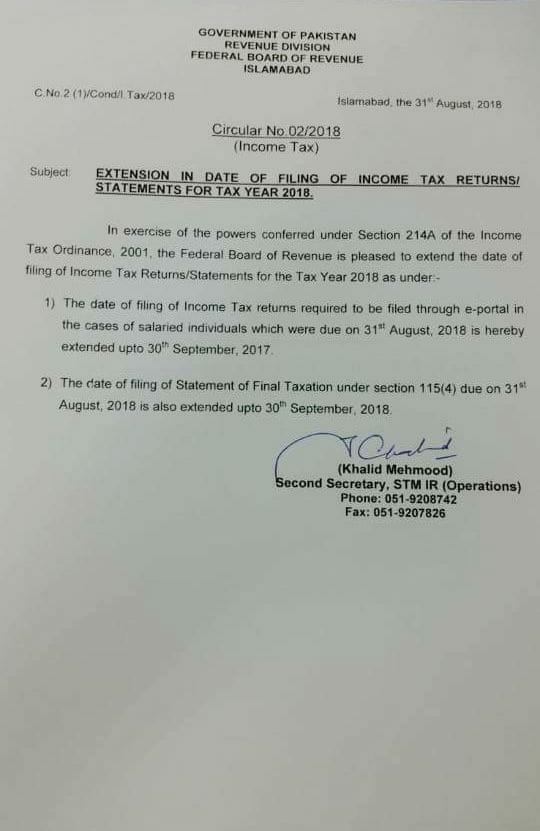 Notification of Date Extension Tax Returns/Statements for Tax