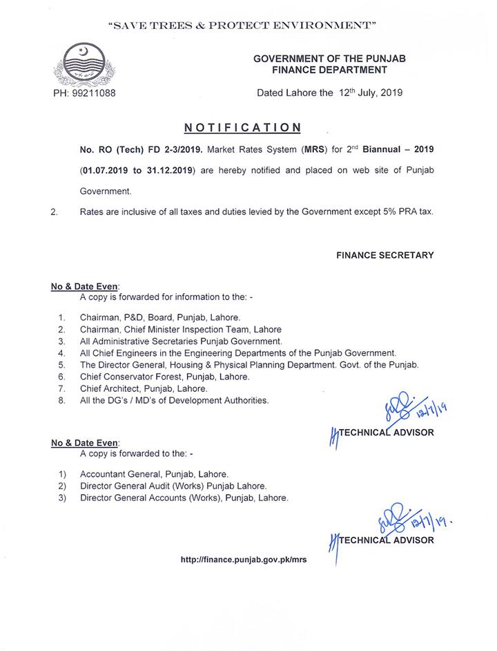 Notification of Market Rates System (MRS) by Finance Department Punjab