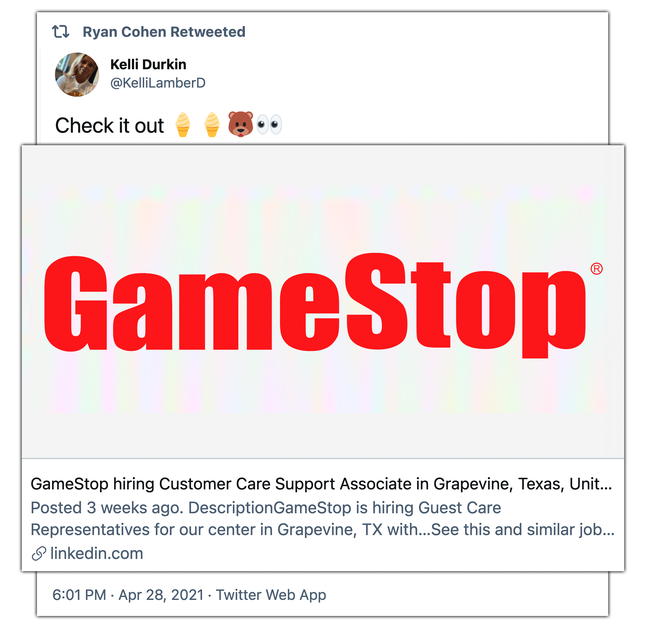 Ryan Cohen Retweets GameStop Job Listing GameStop Due Diligence