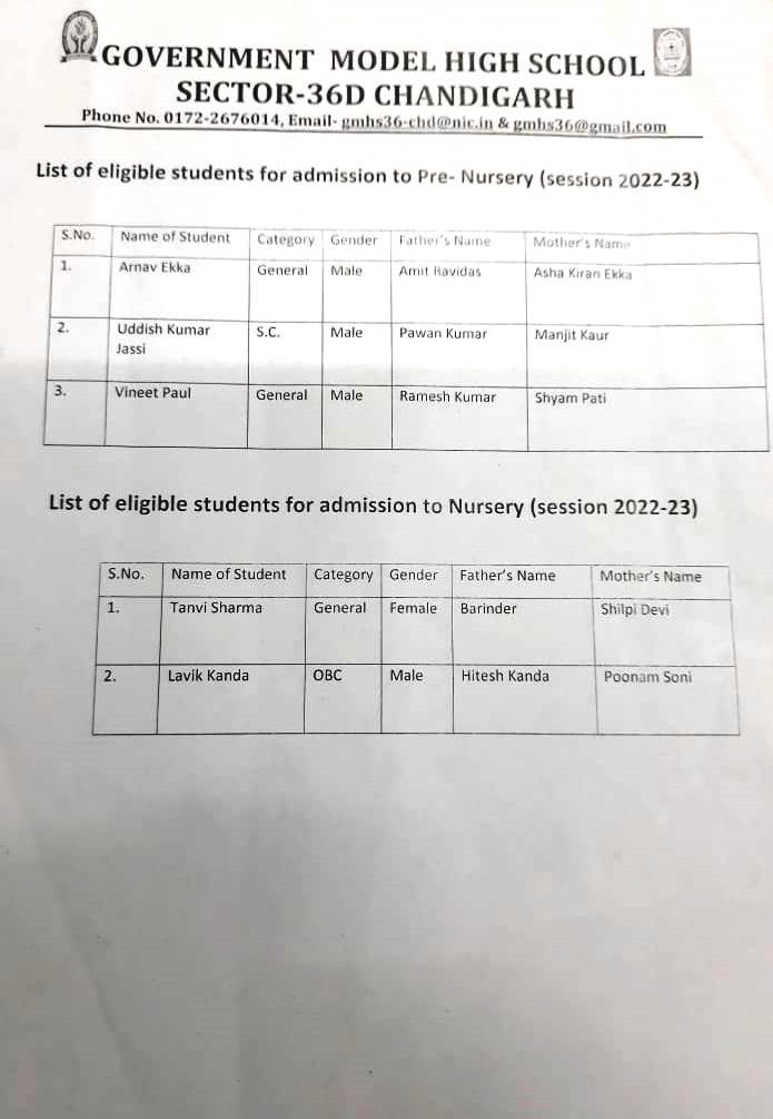 List of eligible students for admission to PreNursery and Nursery