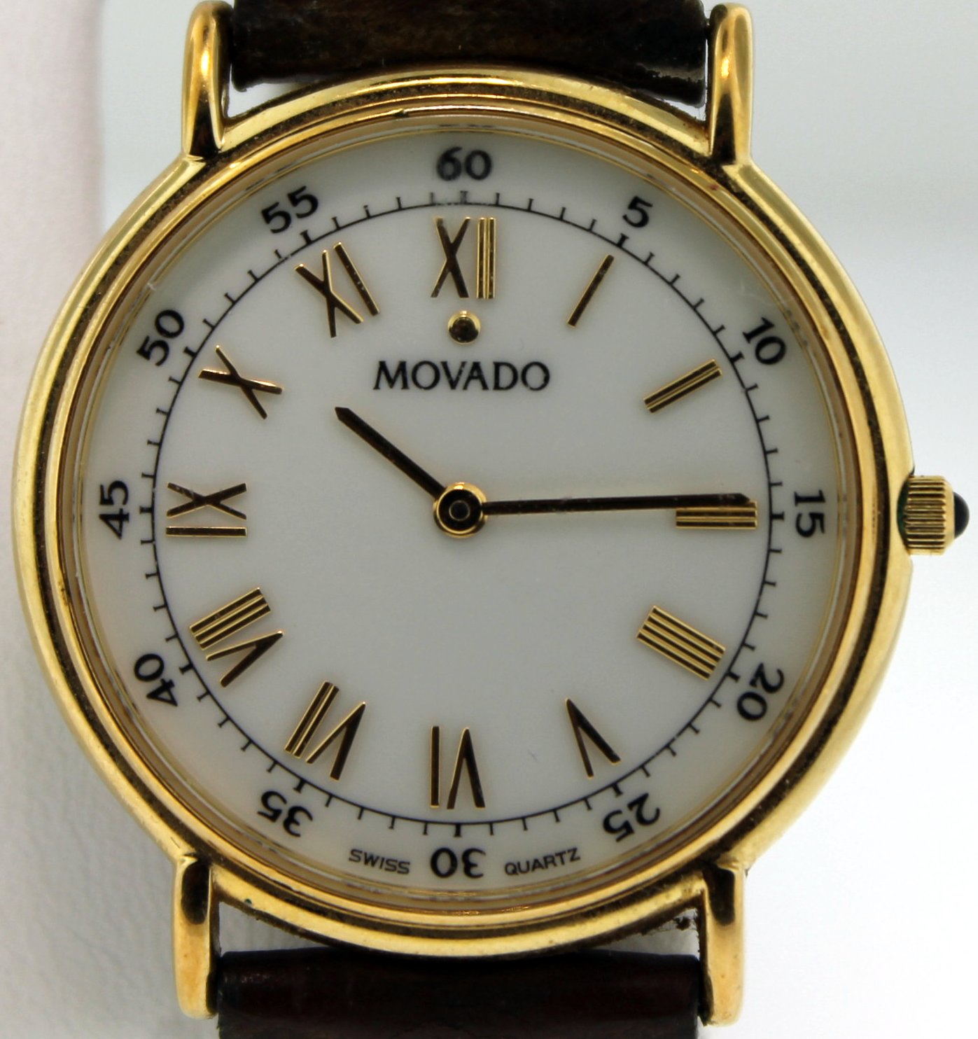 Mens Movado Wrist Watch w/ Leather Band Swiss Made Round Face 87e4