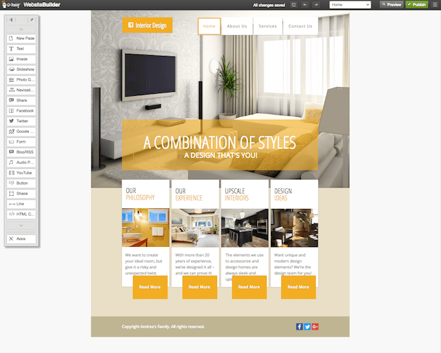 Making a website using GoDaddy’s interior design Website Builder theme