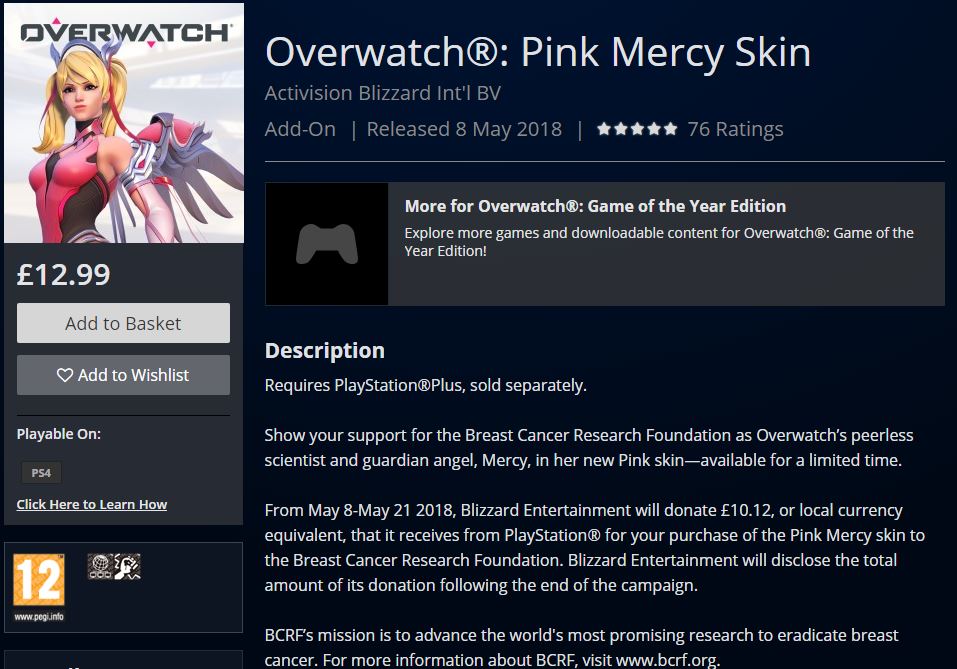 The PSN listing for the new Overwatch Pink Mercy Charity skin suggests